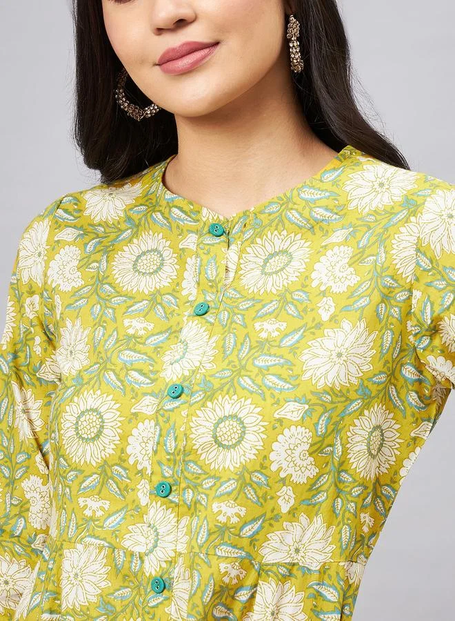 Winered  Women Yellow Floral A-Line Front Slit Kurta for Women | Best Price UAE